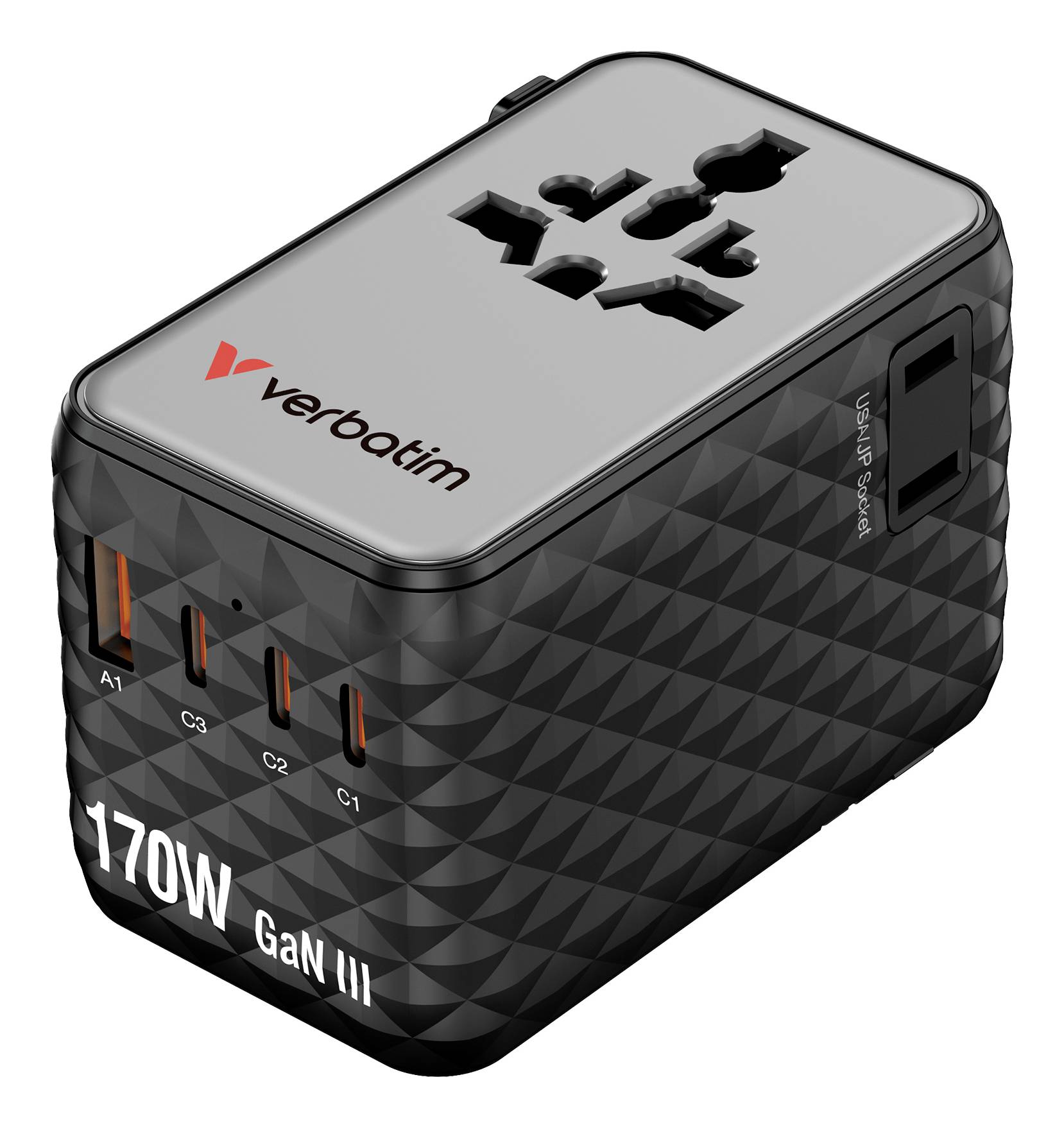 Verbatim 170W GaN III universele reisadapter met meerdere USB-C/USB-A poorten en AC-stopcontact.
