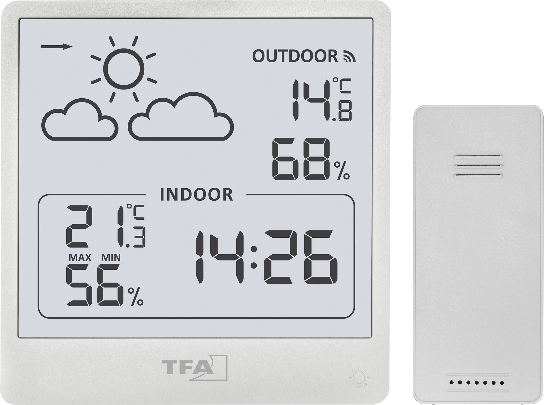 'Digitaal weerstation met buitentemperatuur 14,8°C, binnentemperatuur 21,3°C en binnenluchtvochtighheid 68%. Bewolkt pictogram weergegeven.'