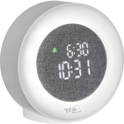 Een digitale witte wekker die de tijd '10:31' weergeeft en een alarm dat is ingesteld op '6:30', met een klein groen indicatielampje.