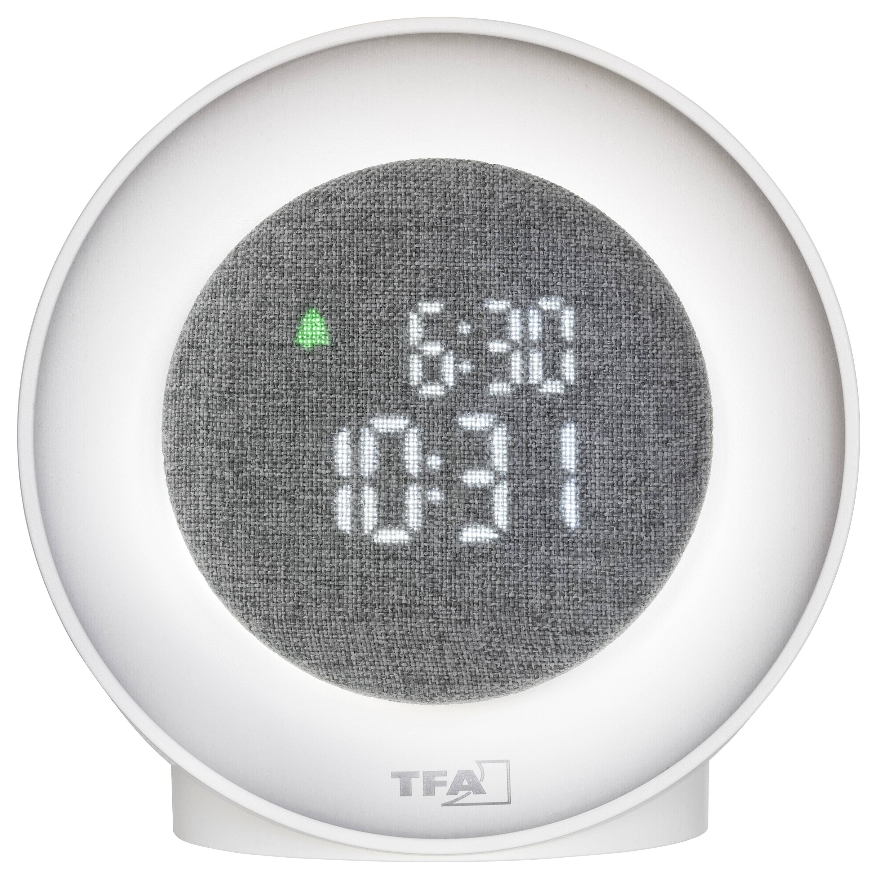 Een rond, modern digitaal klokje toont de tijd '10:31' en een alarm ingesteld op '6:30'.