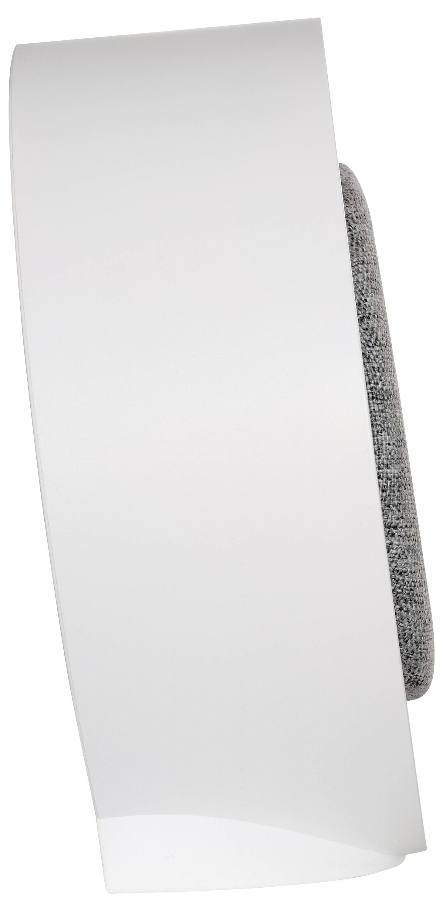 Een witte speaker met een grijze stoffen voorkant, getoond vanuit een zijhoek, die het slanke en moderne ontwerp benadrukt.
