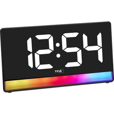 Digitale klok die '12:54' weergeeft met een kleurverwisselende LED-basis, die een gradient van rode, oranje, roze en blauwe tinten toont.