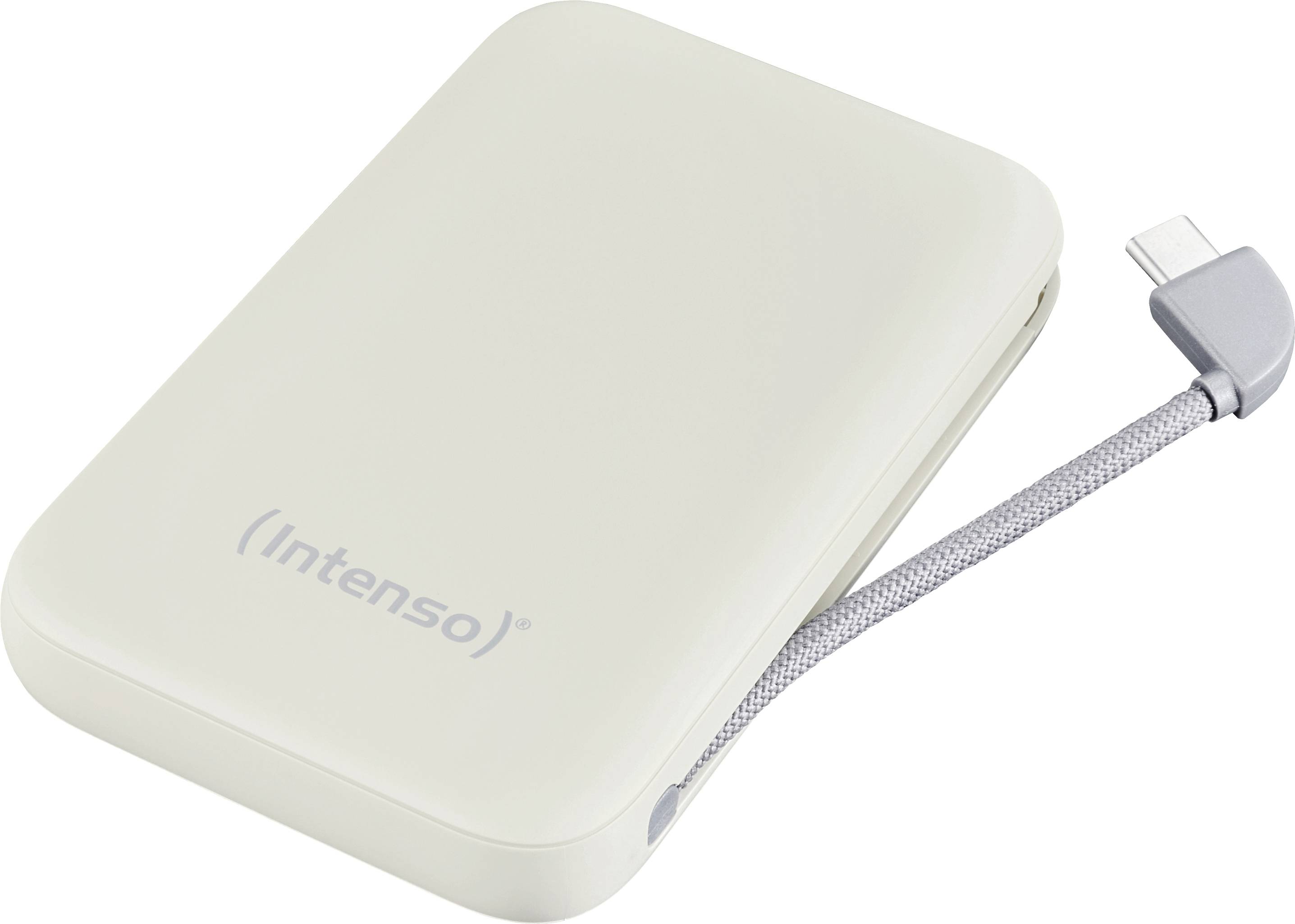 Een witte, compacte externe harde schijf met een korte USB-C-kabel eraan bevestigd, geschikt voor draagbare gegevensopslagoplossingen.