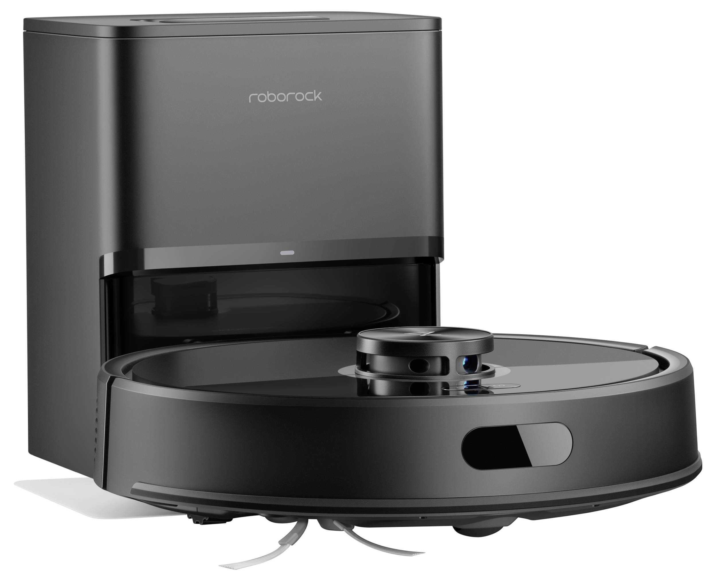 Robotische stofzuiger met een dockingstation, met een slanke zwarte afwerking, wat geautomatiseerd schoonmaken en oplaadmogelijkheden aangeeft.