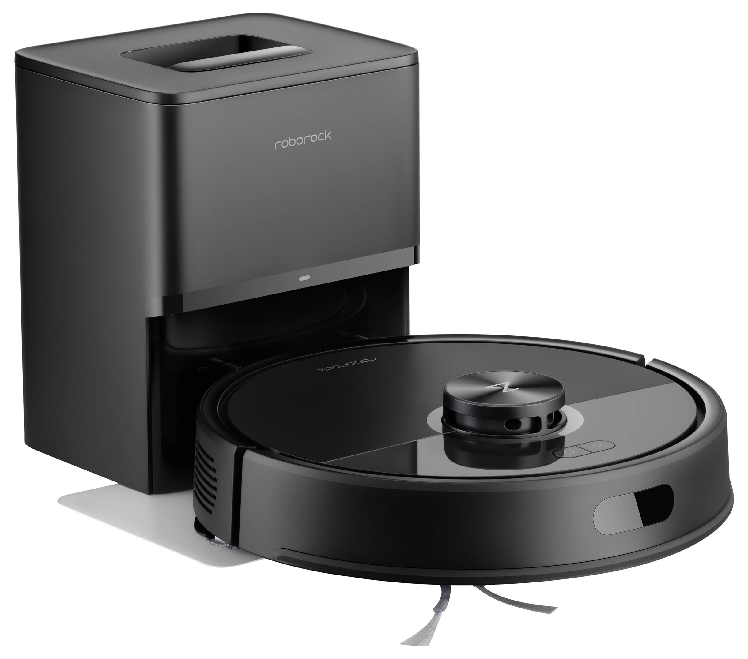 Robotische stofzuiger en laadstation, met stijlvol zwart ontwerp, voorzien van sensoren aan de voorkant en borstel voor geautomatiseerde huishoudenreiniging.