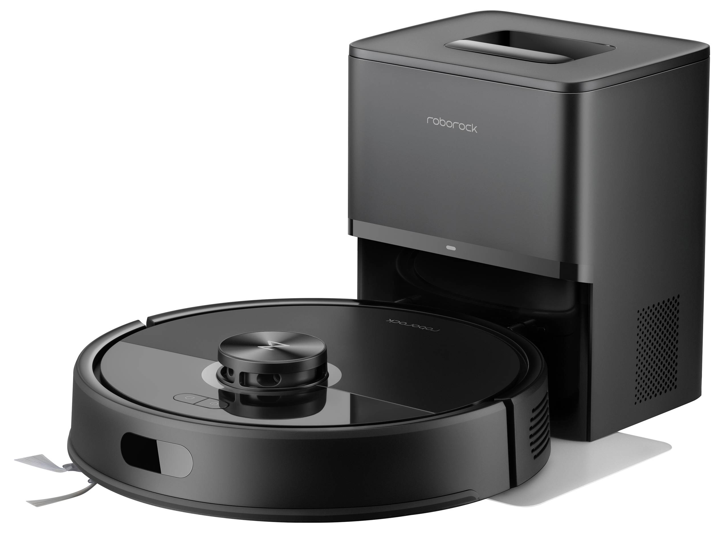Een slanke, zwarte robotische stofzuiger met een dockingstation, die modern design en geavanceerde huishoudeningreinigingstechnologie toont.