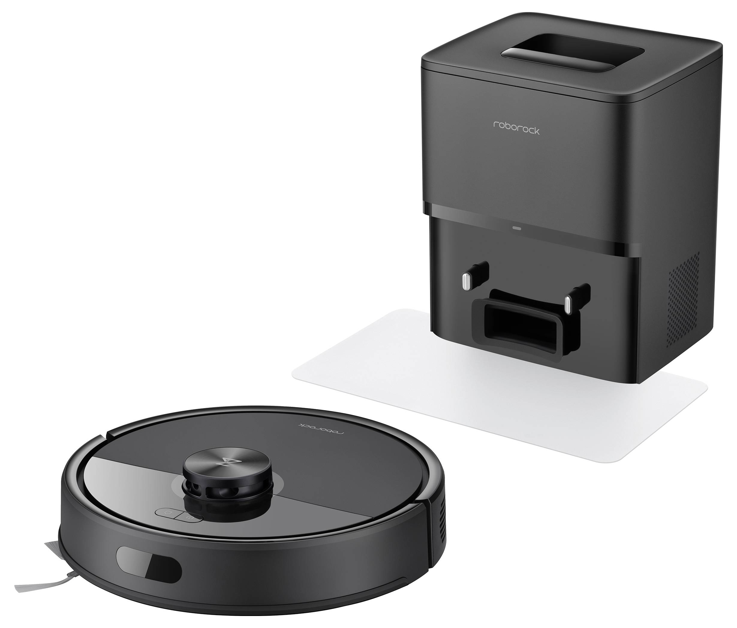 'Een robotische stofzuiger en het oplaadstation. De zuiger is rond met een donkere afwerking, en het dock is rechthoekig.'