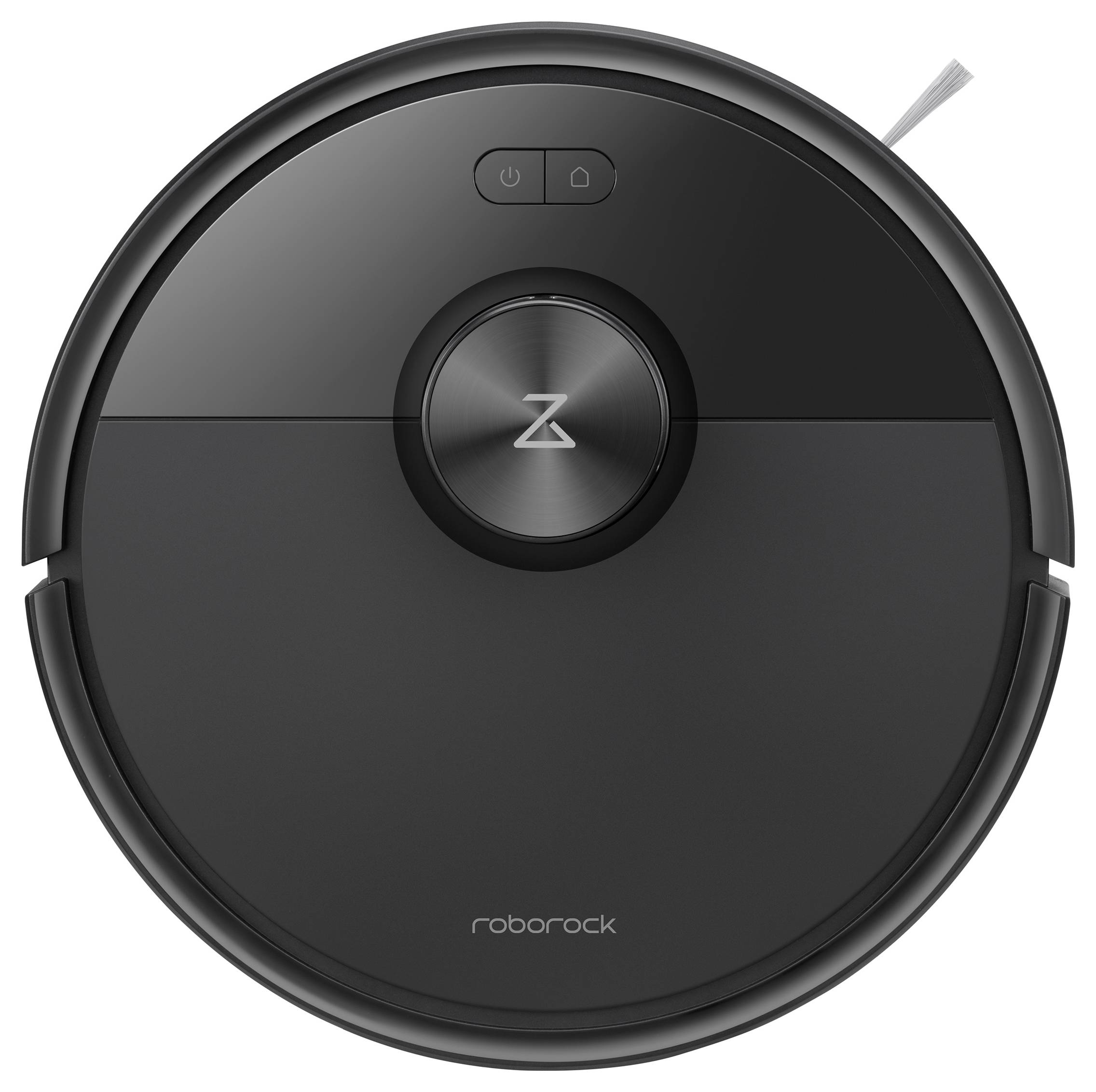 Een zwarte robotstofzuiger met het Roborock-logo, van bovenaf bekeken, met knoppen op de bovenkant en een slanke, ronde vorm.