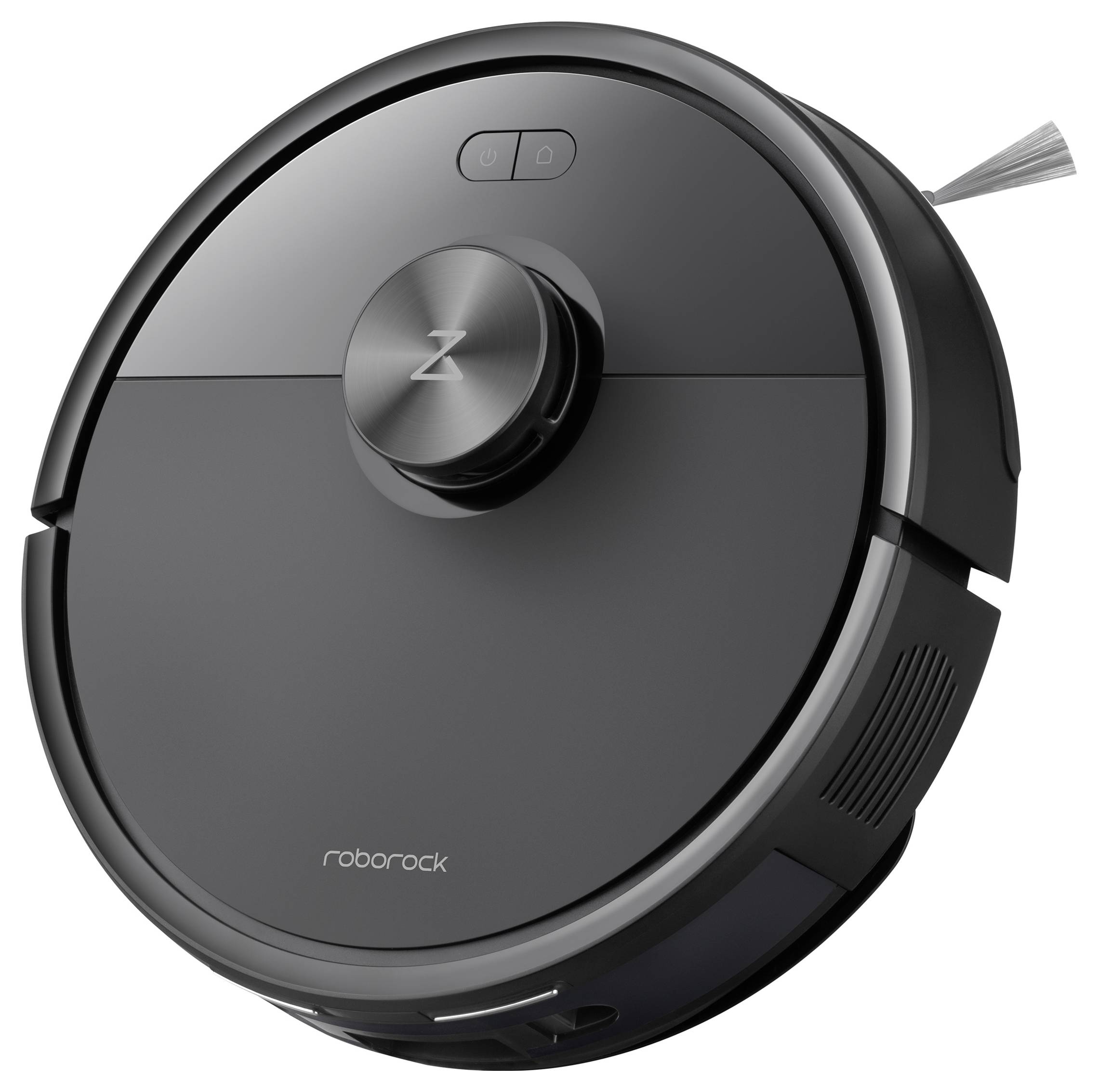 Een zwarte circulaire robotische stofzuiger met een centraal navigatietorentje en zijborstels, met een slanke, modern design.