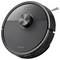 Een zwarte circulaire robotische stofzuiger met een centraal navigatietorentje en zijborstels, met een slanke, modern design.