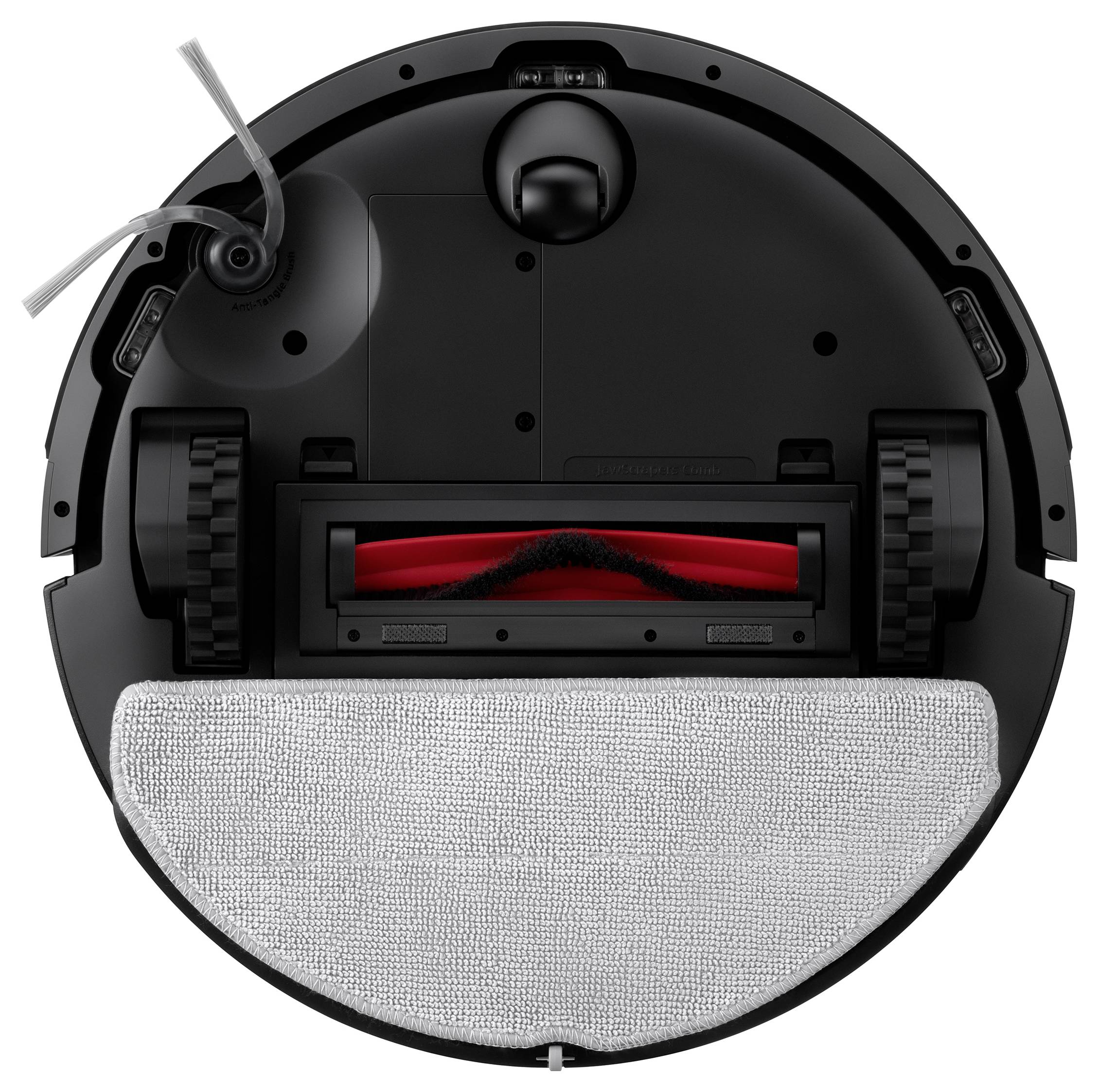 Een ronde robotstofzuiger van onderaf gezien, met zijn borstel, wielen en reinigingsdoek zichtbaar.