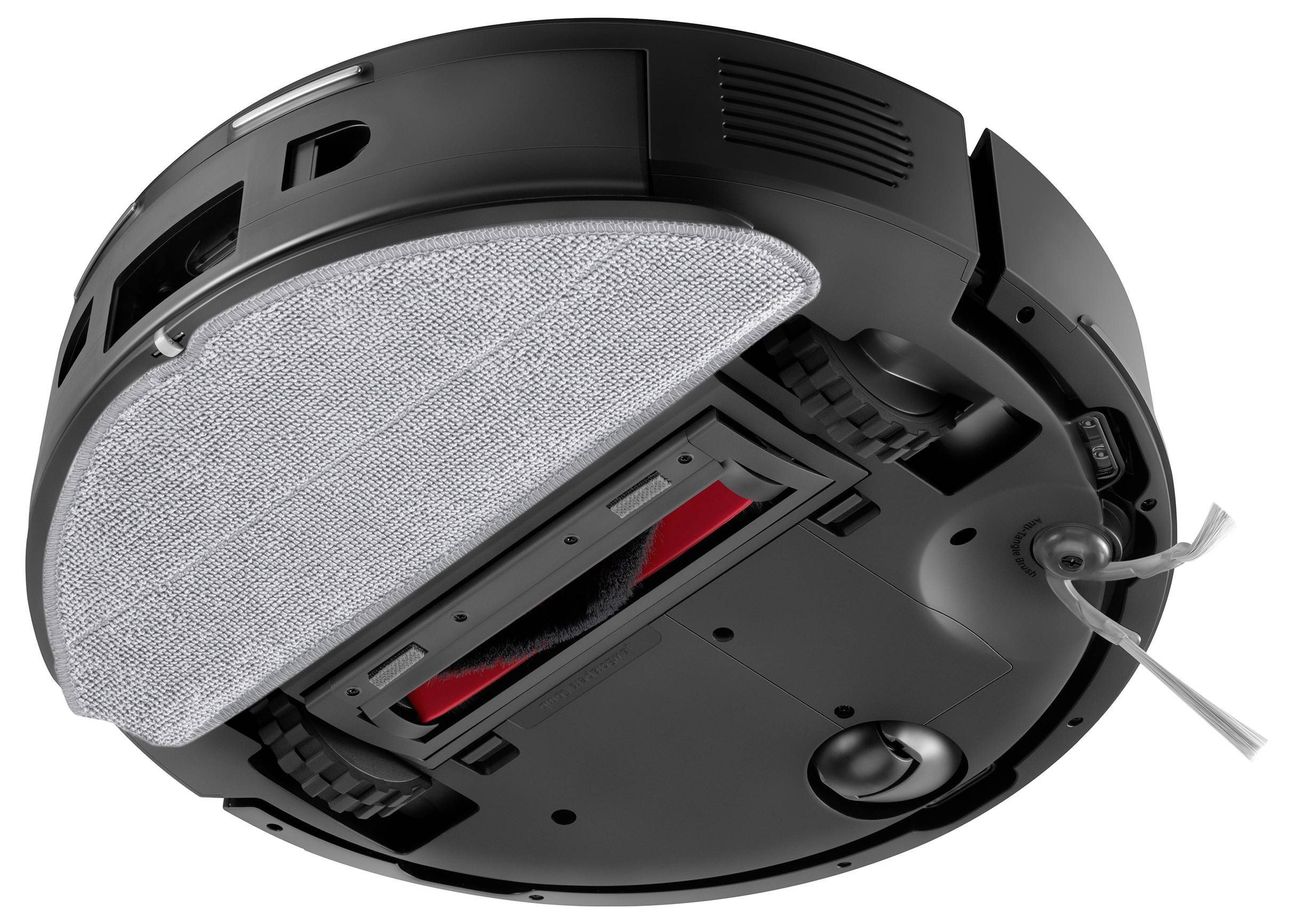 De onderkant van een robotische stofzuiger toont borstels, wielen en sensoren, wat het reinigingsmechanisme en ontwerpkenmerken benadrukt.