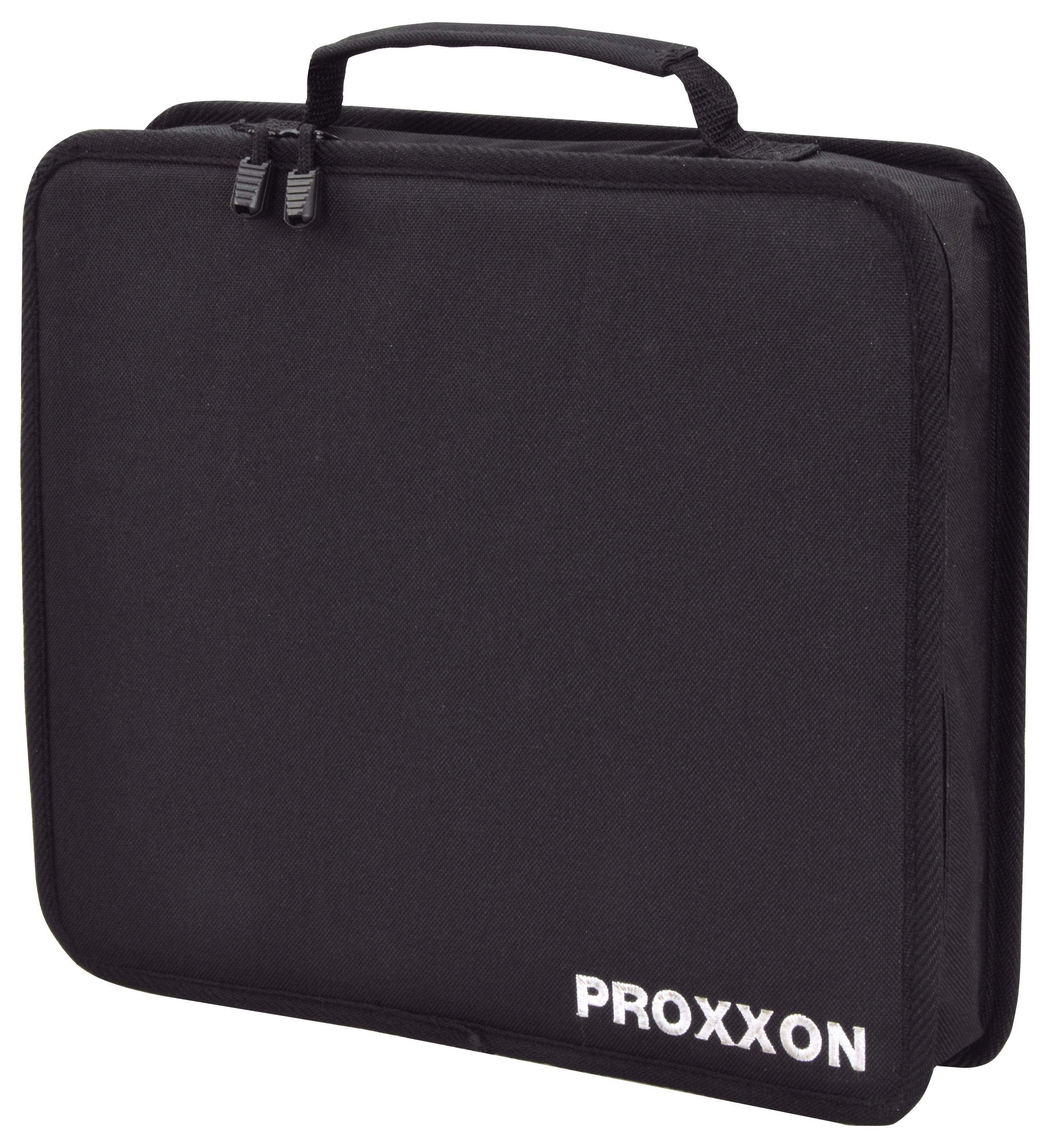 Een zwarte ritszak met het woord 'PROXXON' in wit gedrukt op de rechterbenedenhoek.