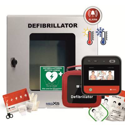 Aan de muur gemonteerde defibrillatorenkast met alarm, pictogrammen voor koude/hete temperatuur, AED-draagtas, elektroden, handschoenen, schaar en instructiebladen.
