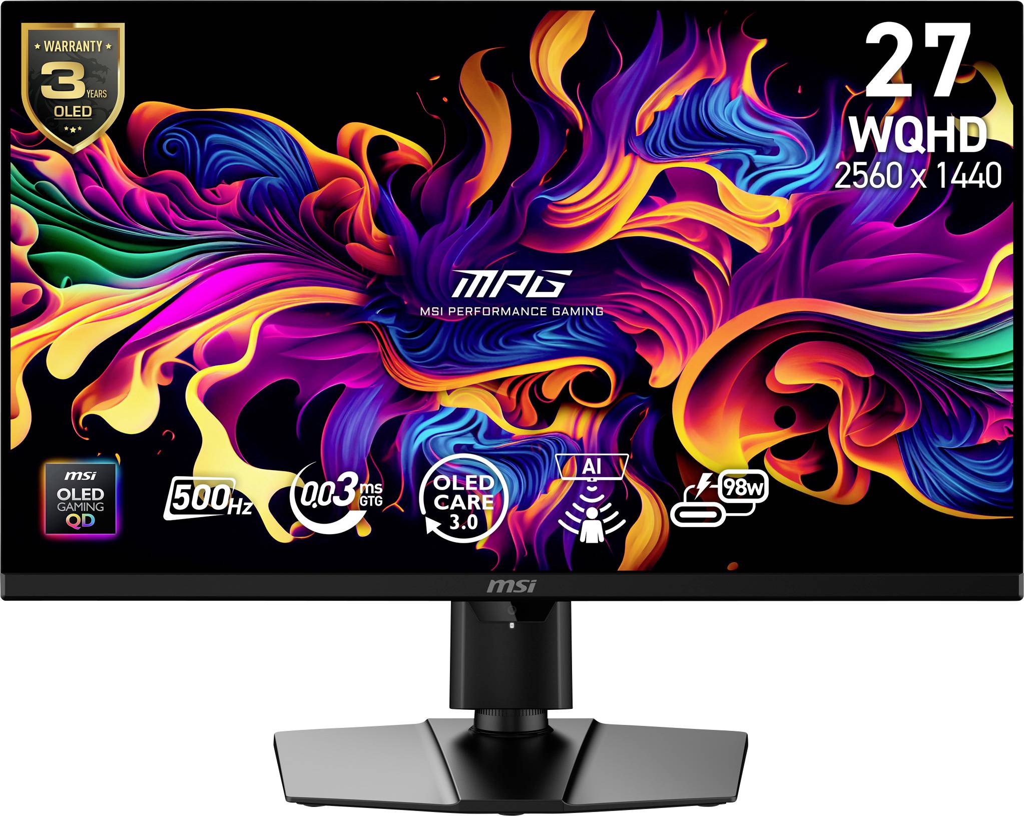 'MSI 27" WQHD-monitor met OLED-display, 2560x1440 resolutie, 500Hz verversingsfrequentie, 0,03ms GTG-responstijd, AI-technologie en 3 jaar garantie.'