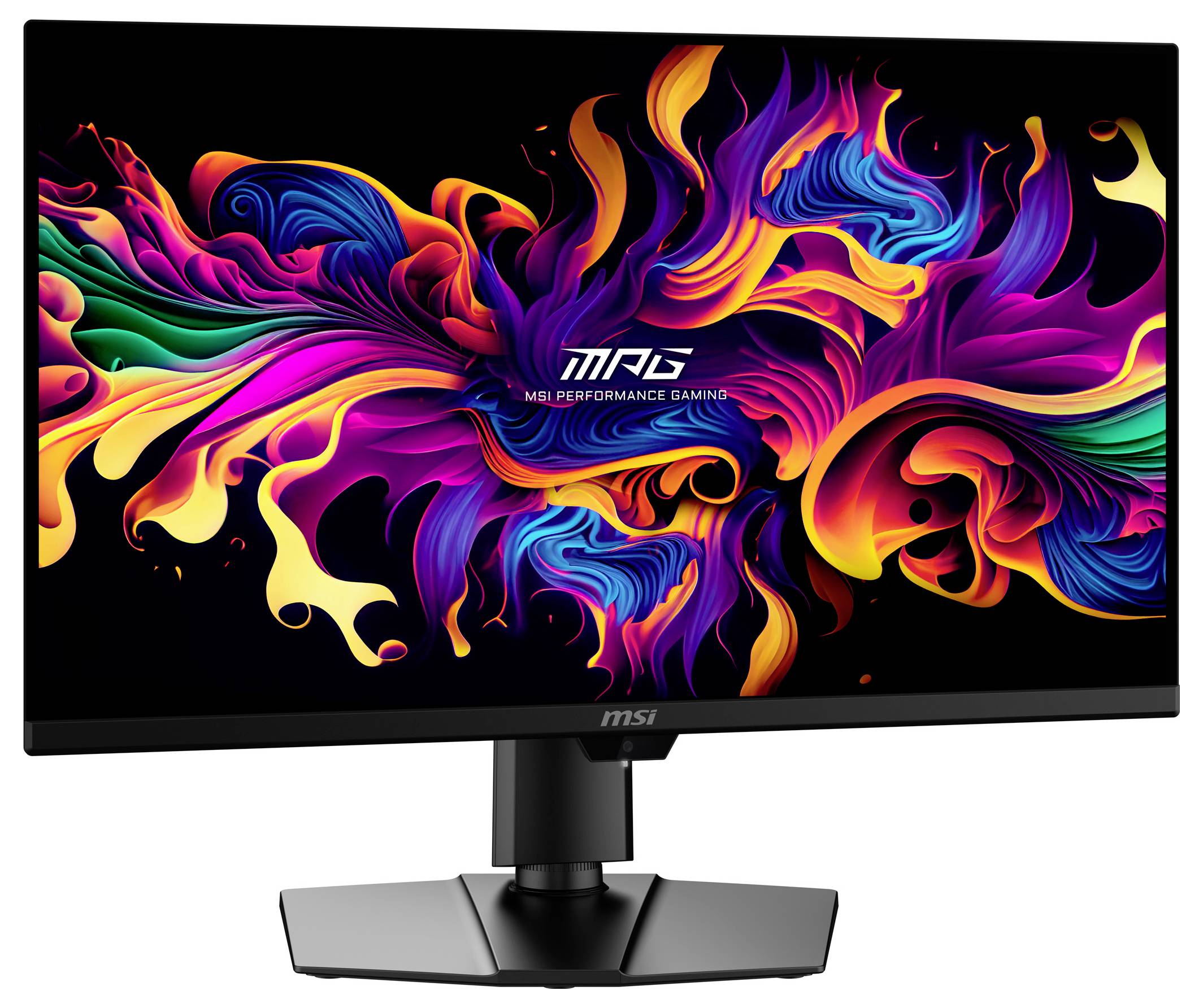 Een monitor die een levendig, kleurrijk abstract ontwerp met wervelende patronen weergeeft. Het MSI-logo is gecentreerd op het scherm.