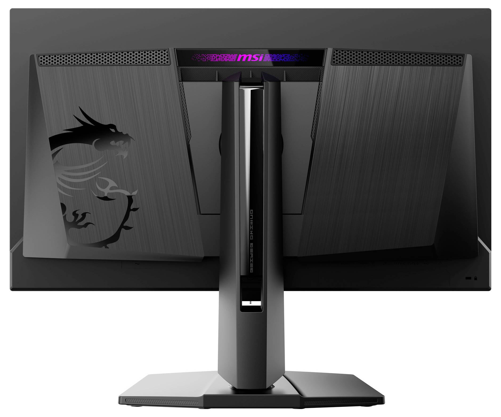 'Een zwarte computermonitor met een dragonontwerp op de achterkant, voorzien van RGB-verlichting en een stevig standaard. Het merklogo is zichtbaar.'