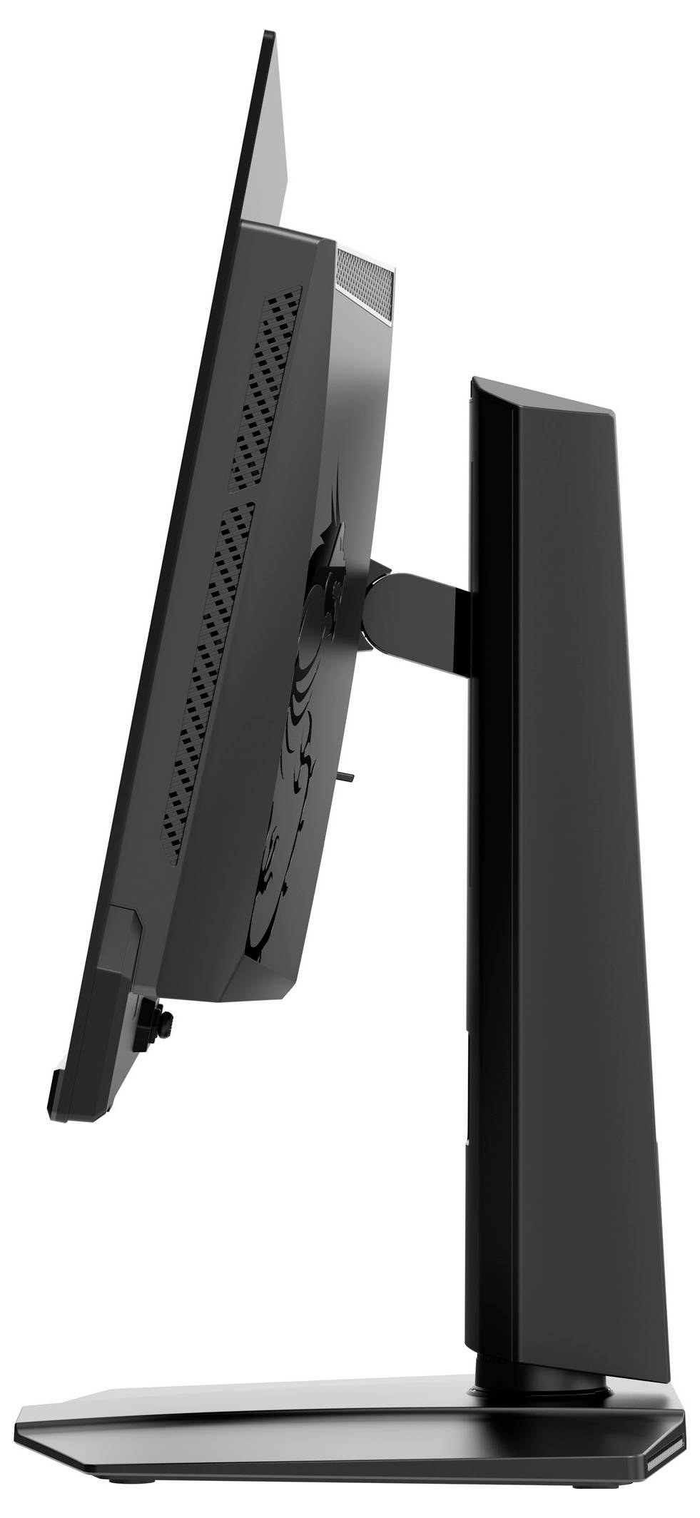 Een slank zwart computerbeeldscherm afgebeeld in zijaanzicht, met zijn verstelbare standaard ontworpen voor ergonomische hoogte- en kantelpositionering.