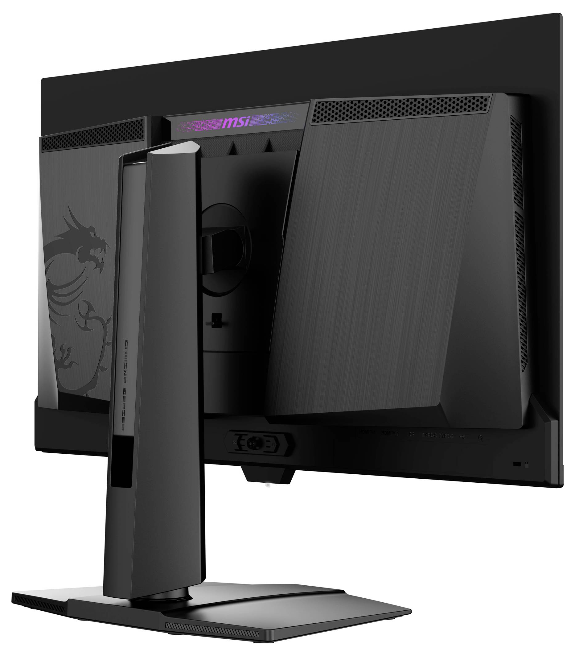 Een zwarte computermonitor van achteren bekeken, met een draken logo en verschillende ventilatieopeningen in het achterpaneel. De standaard is zichtbaar met sterke steunstaven.
