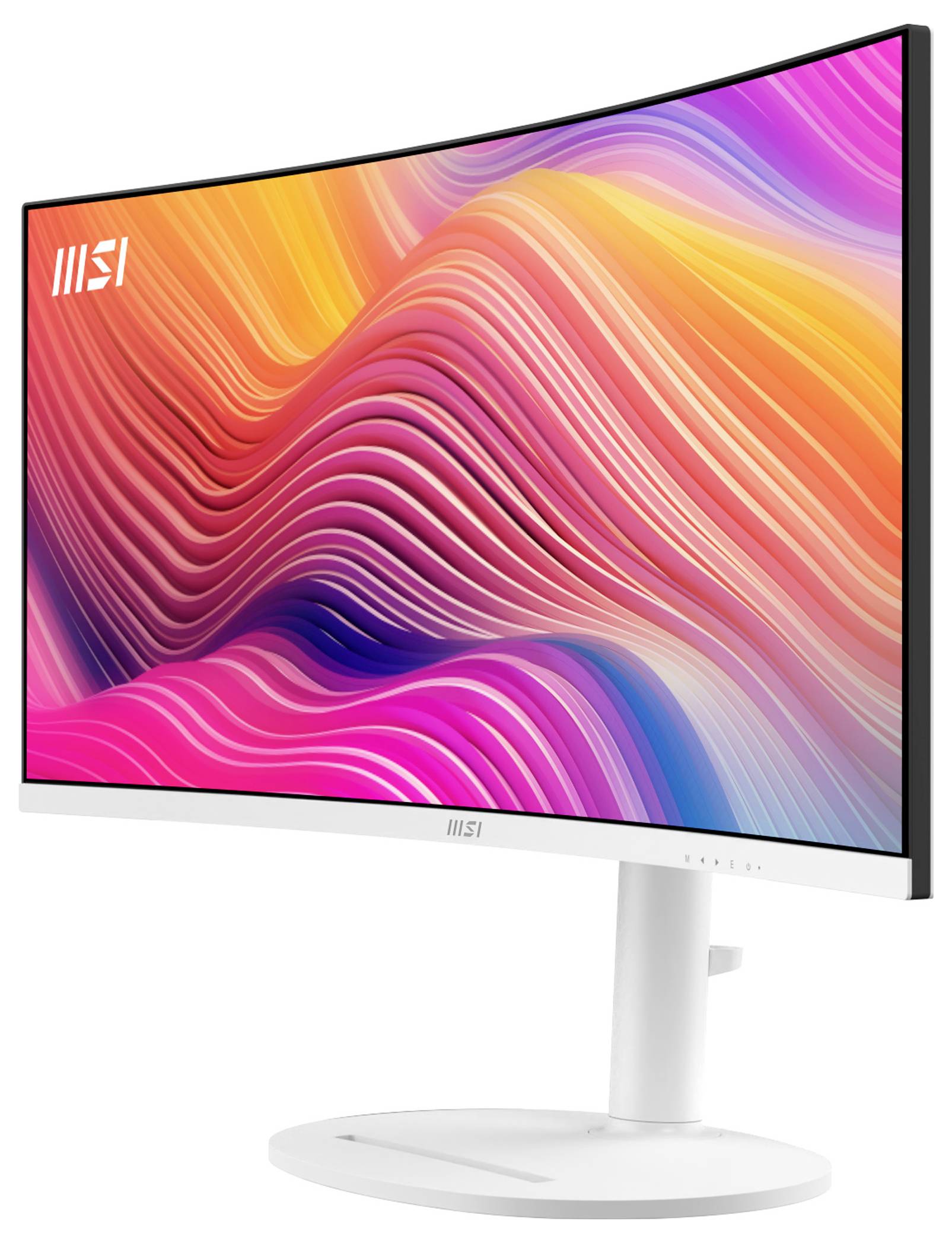 Een gebogen MSI-monitor met een levendige, kleurrijke abstracte golfpatroon op het scherm, tegen een witte achtergrond.