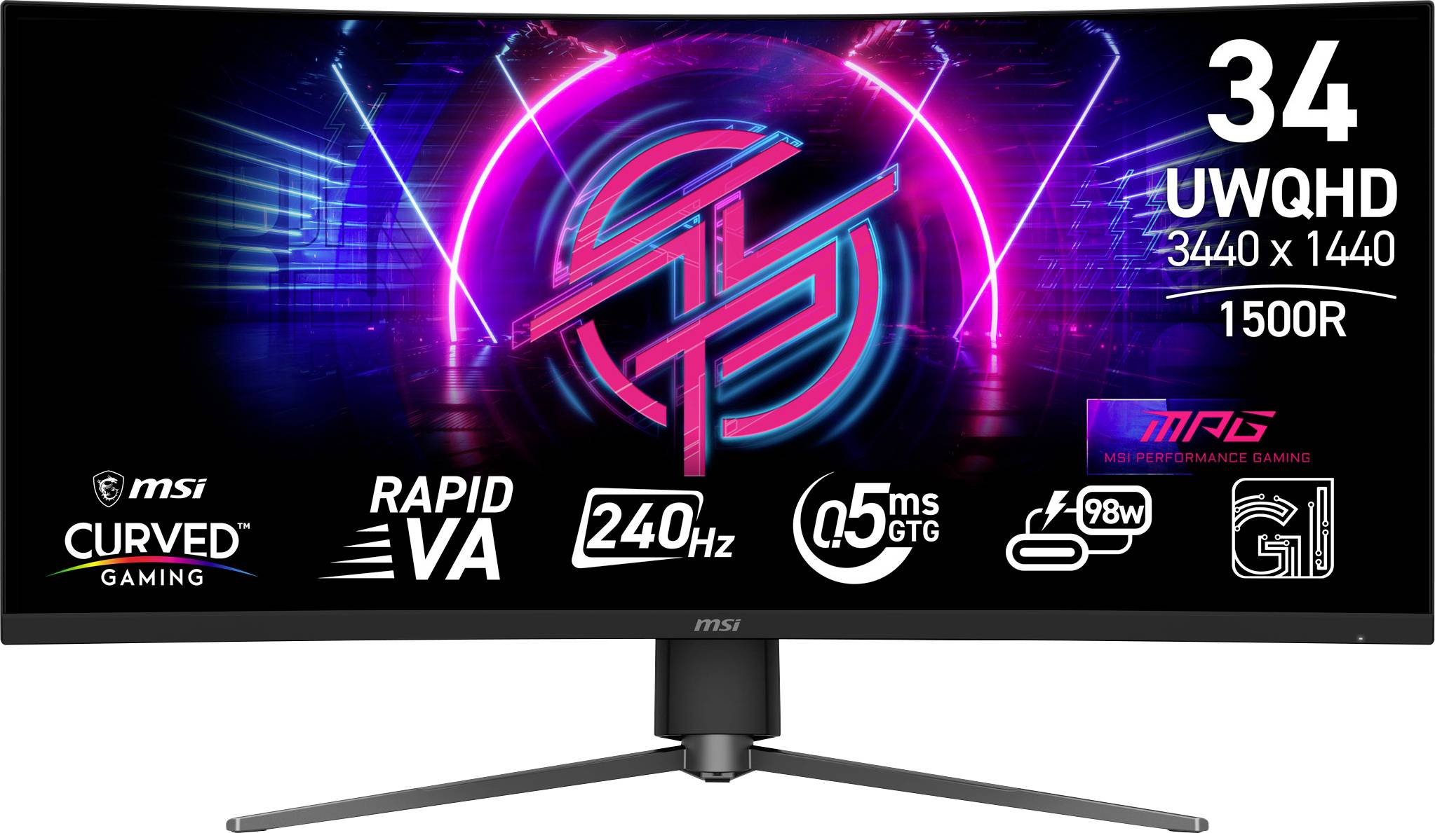 MSI 34-inch gebogen gaming monitor met UWQHD 3440 x 1440 resolutie, 1500R kroming, 240Hz verversingsfrequentie en 0,5ms reactietijd.
