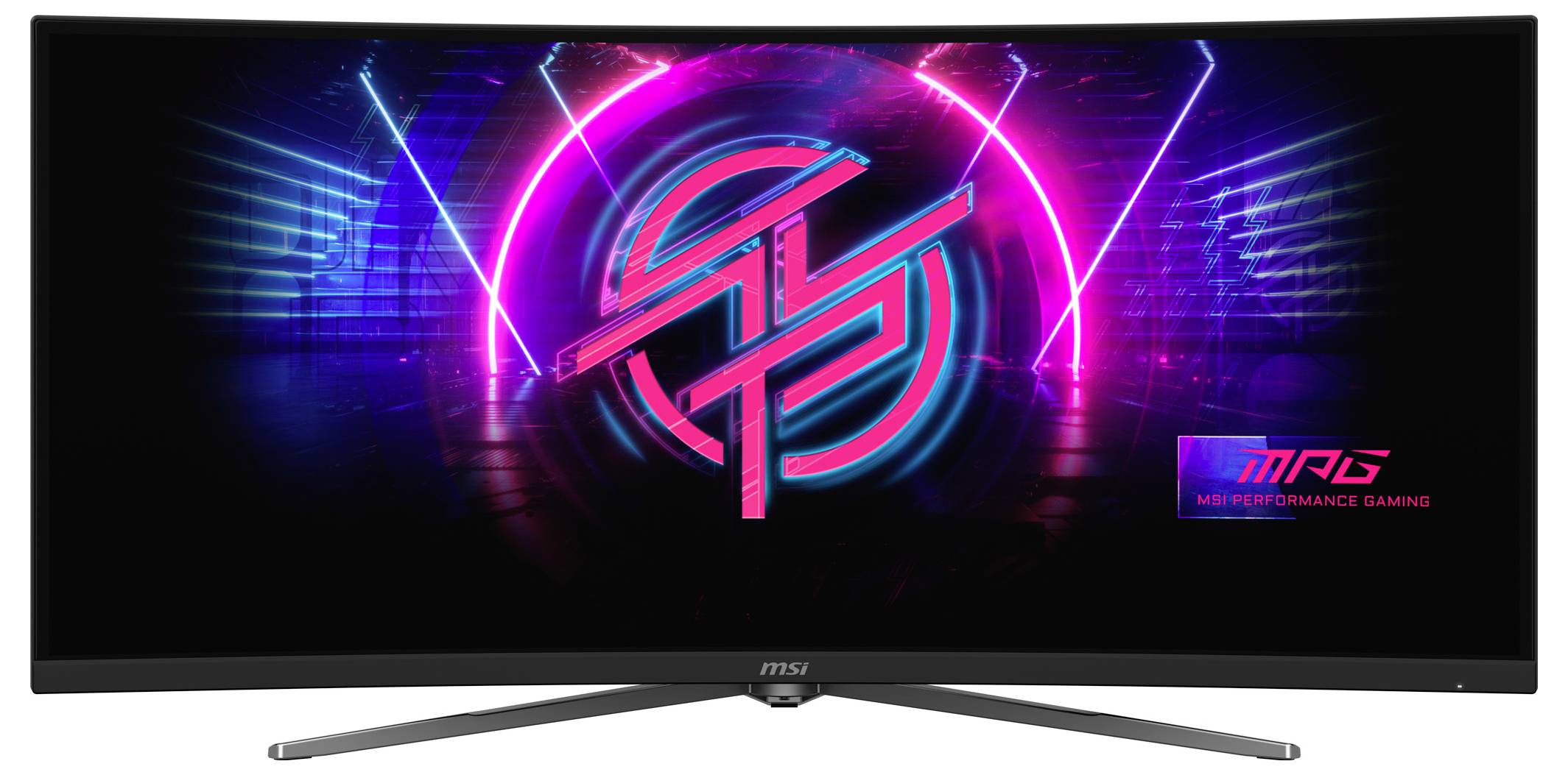 Gebogen MSI gaming-monitor met levendige neonafbeeldingen waarbij het MSI-logo in roze en blauw is geaccentueerd.