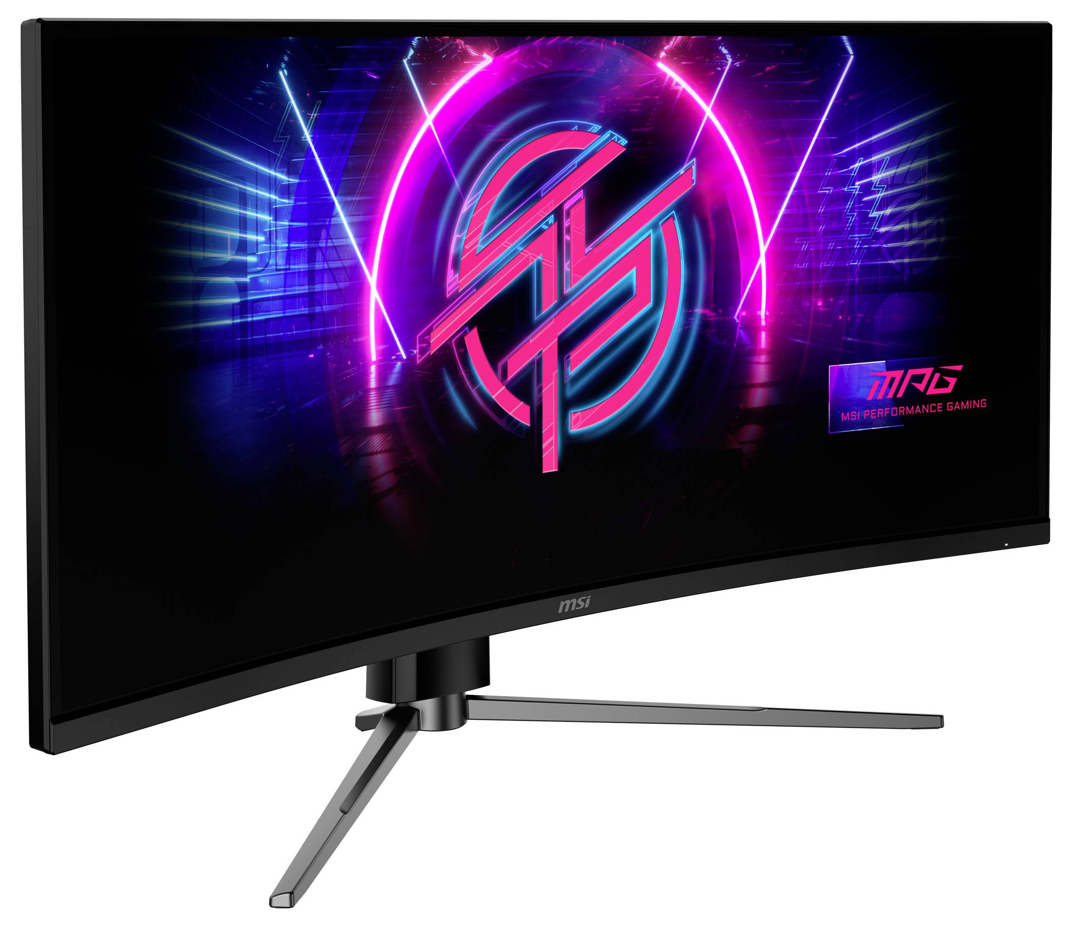 Gebogen gamingmonitor met een slanke vormgeving, die levendige neonafbeeldingen en de tekst 'MSI Performance Gaming' weergeeft.