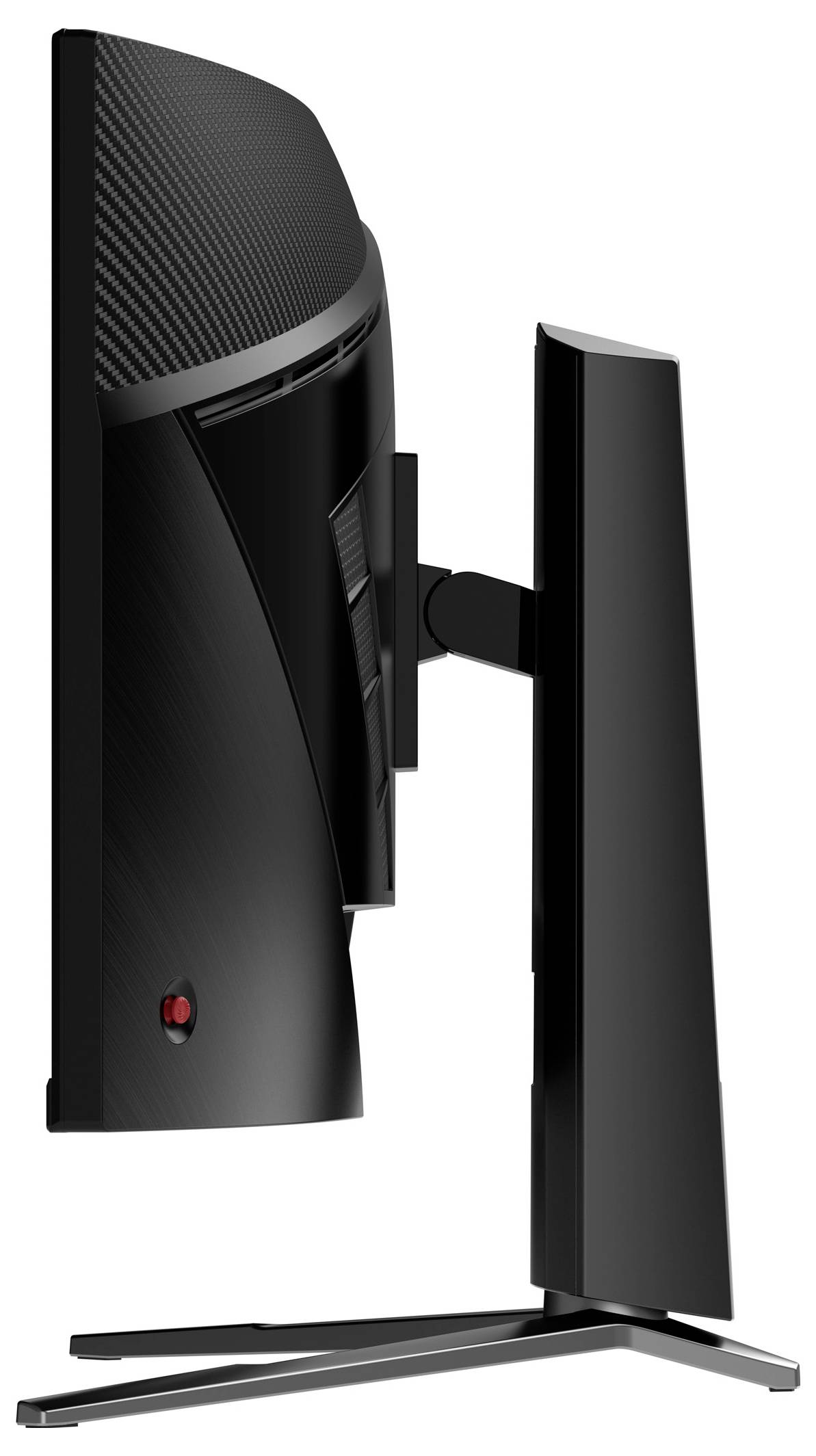 Zijkant van een modern, vlakscherm computermonitor met een slank, zwart ontwerp, met verstelbare standaard en aansluitingen aan de achterkant.
