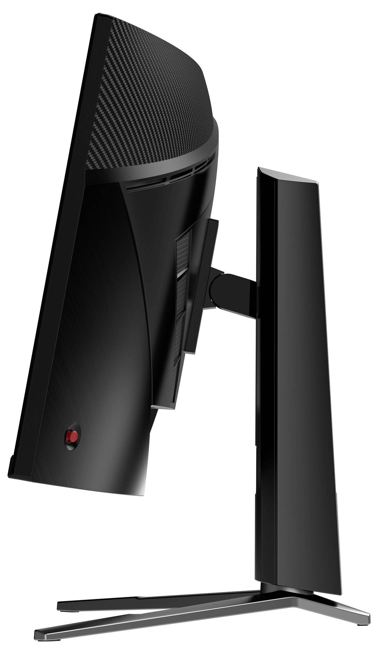 Een slanke, moderne zwarte computermonitor met een gebogen scherm, van opzij bekeken, benadrukkend het dunne profiel en het minimalistische ontwerp.