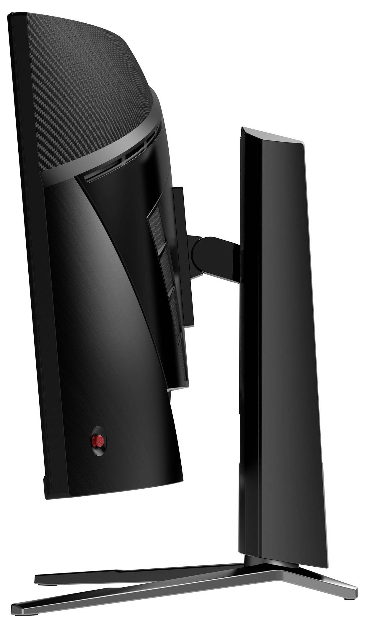 'Zijdeaanzicht van een slanke, zwarte gebogen computermonitor op een standaard, waarin het dunne profiel en het moderne ontwerp zichtbaar zijn.'