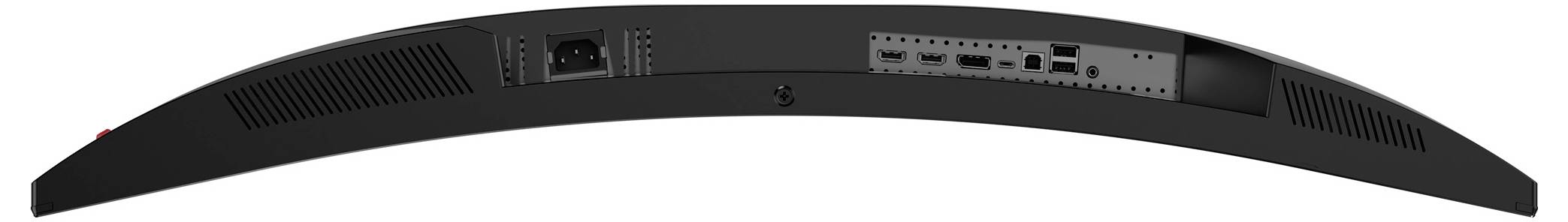 Achterkant van een gebogen computermonitor met verschillende poorten en ventilatiesecties.