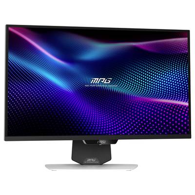 Een hoogperformante MSI-monitor die een levendig digitaal patroon van blauwe en roze golven op het scherm weergeeft.