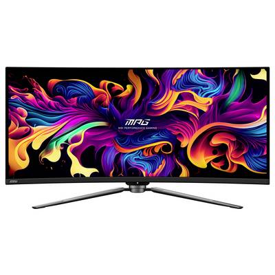 Een levendige, abstracte weergave op een breedbeeldmonitor met wervelende patronen in felle kleuren, die 'MSI Performance Gaming' belicht.