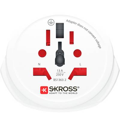 'SKROSS reisadapter, gelabeld met "Adapter converteert geen spanning", ondersteunt 13A, 250V, BS1363-2 standaard.'