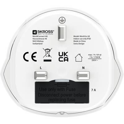 Adapterstekkker gelabeld 'World to UK,' met waarschuwingen 'Alleen gebruiken met zekering' en 'Stroomtoevoer onderbreken voordat u de zekering vervangt.' 7A, 250V.