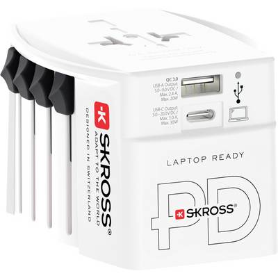 'SKROSS' universele reisadapter met meerdere stekkertypen, USB-poorten en 'Laptop Ready' label. Model heeft Zwitserse ontwerpkwaliteiten.