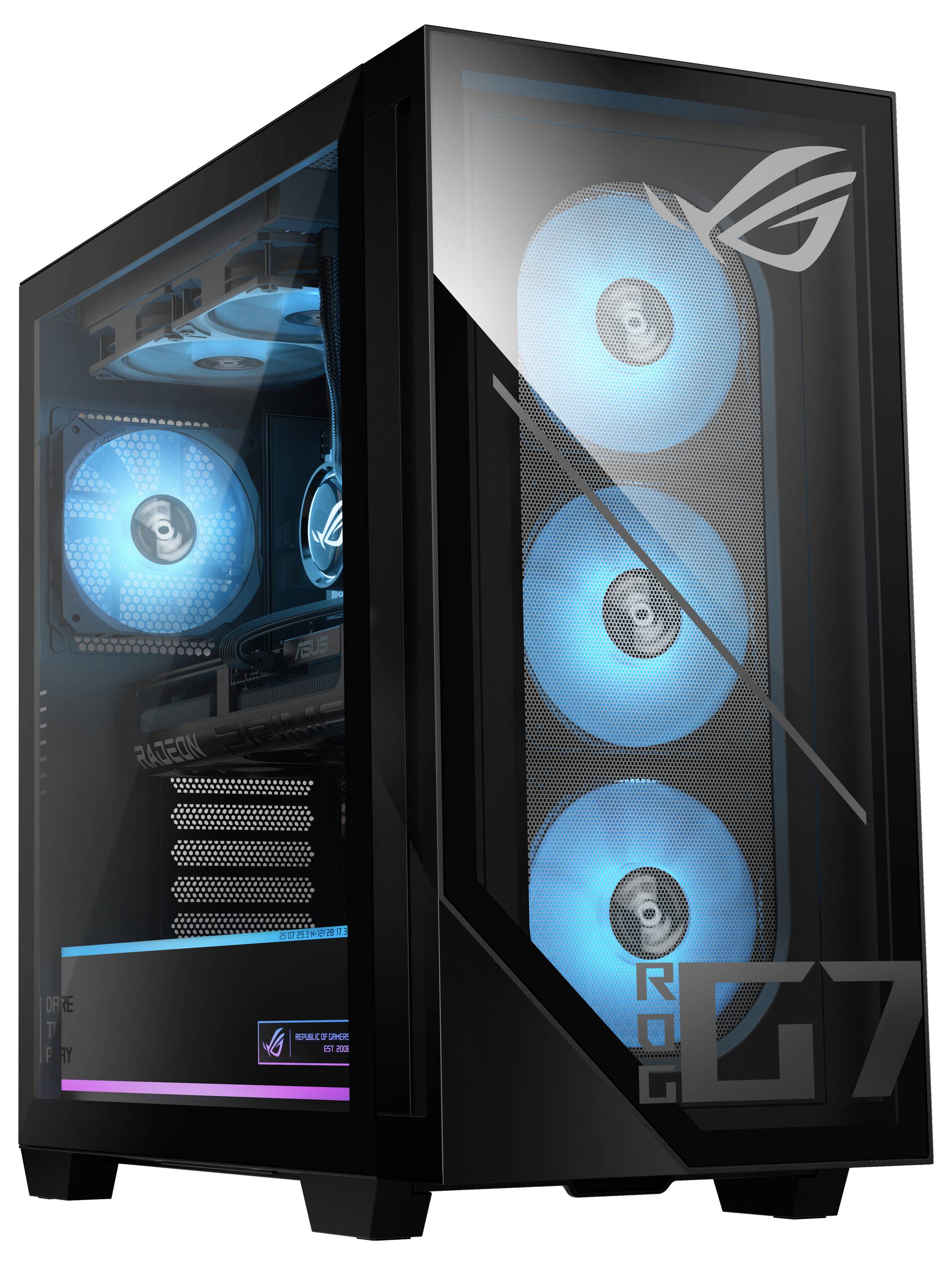 Een zwarte gaming-pc-tower met blauwe LED-ventilators en zijpaneel van gehard glas dat de binnenonderdelen toont. De voorkant heeft een geometrisch logo.