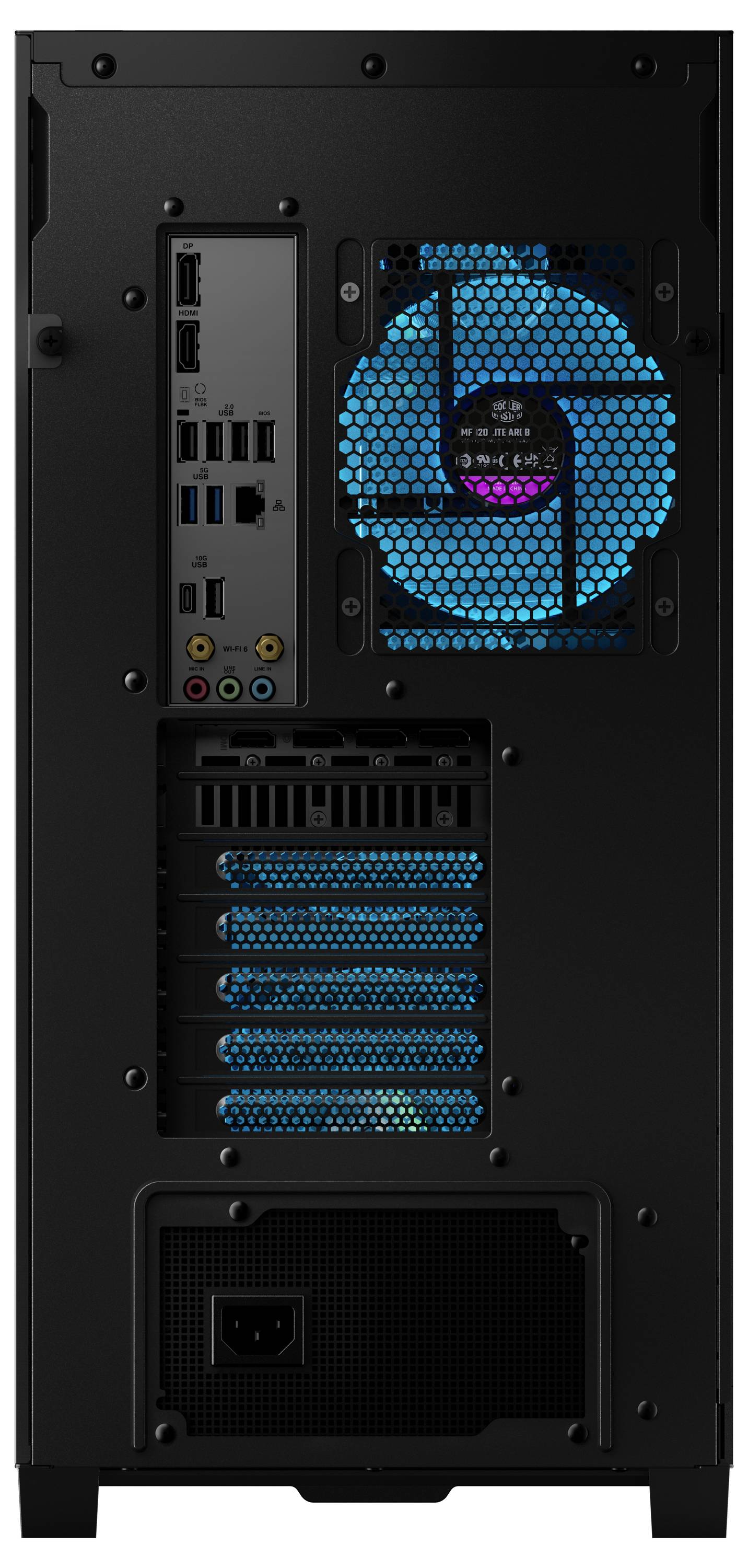 Achteraanzicht van een zwarte computertoren met verschillende aansluitingen, koelventilator en voeding.