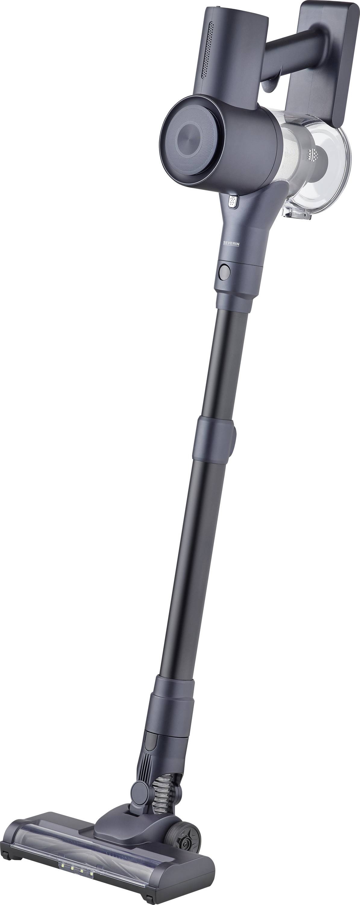 Draadloze steelstofzuiger met een slank design, voorzien van een lange steel en een gemotoriseerde borstelhoofd voor veelzijdig schoonmaken.