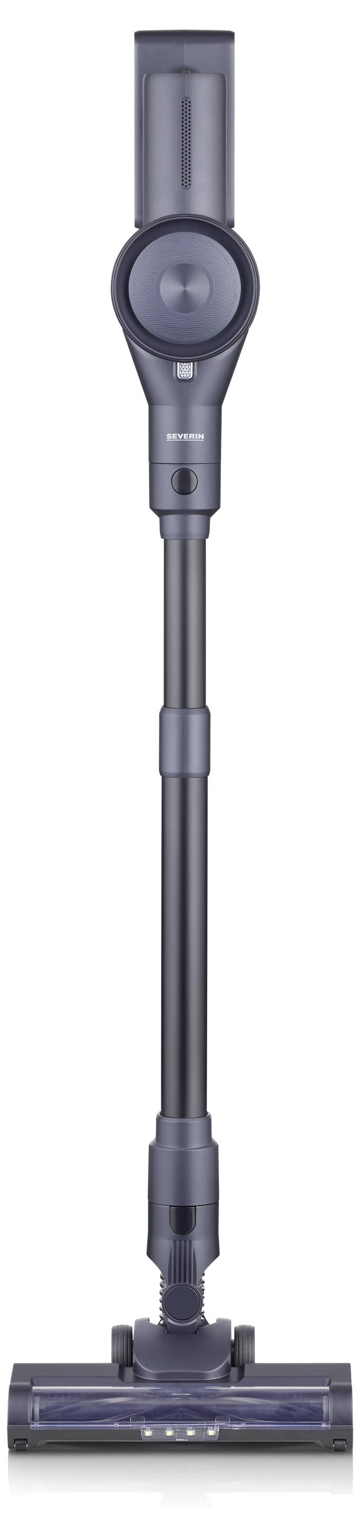 Een draadloze steelstofzuiger met een slanke design, rechtopstaand en klaar voor gebruik.