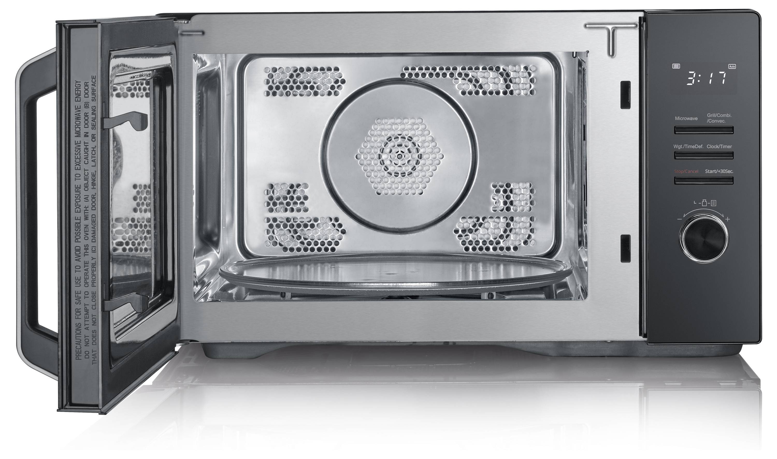 Een roestvrijstalen magnetron met geopende deur, die het interieur toont. Het bedieningspaneel aan de rechterkant geeft een digitale timer weer.