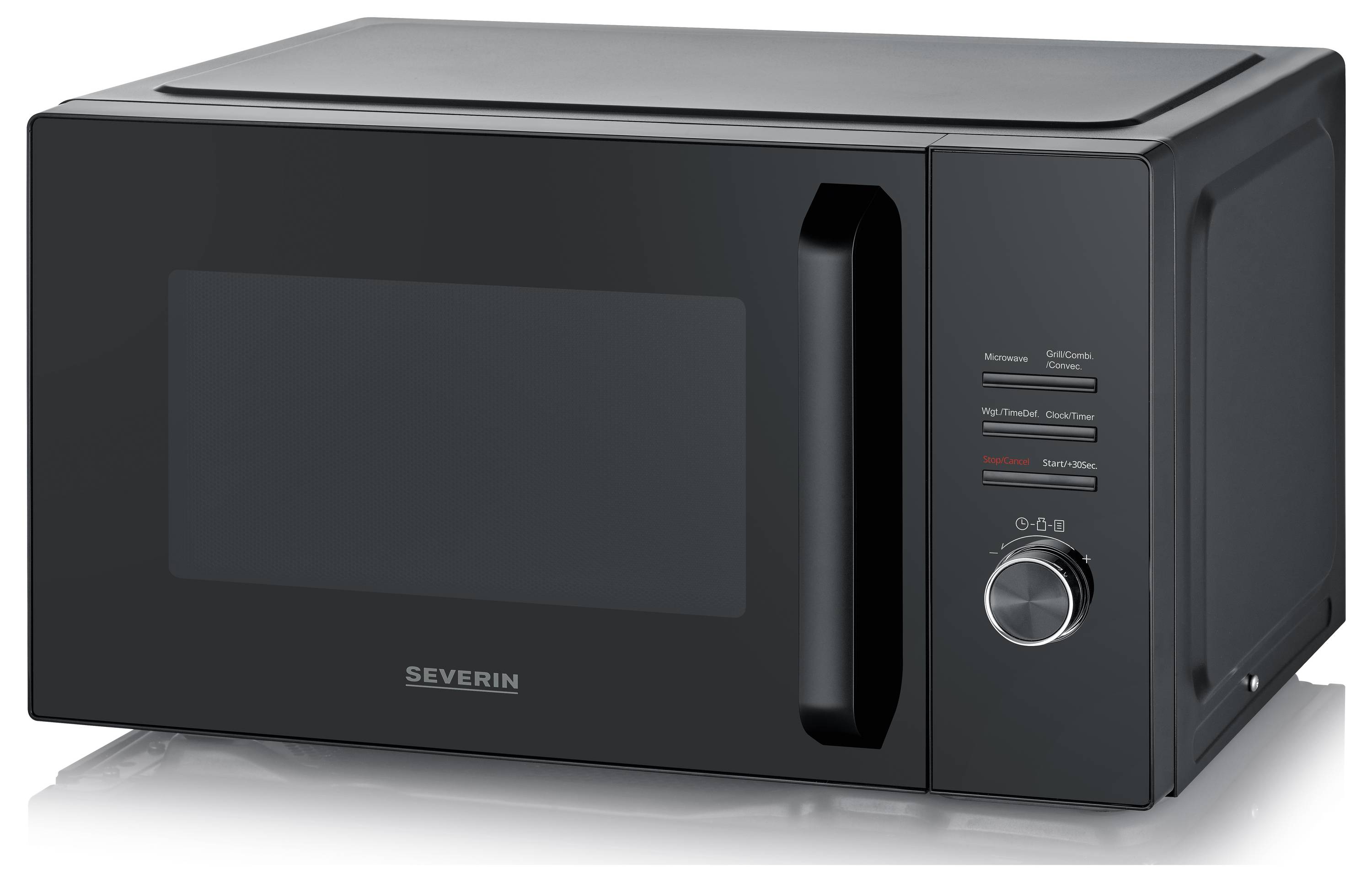 Een zwarte magnetron met een digitaal display en regelknop aan de rechterkant. De merknaam 'Severin' is zichtbaar aan de voorkant.