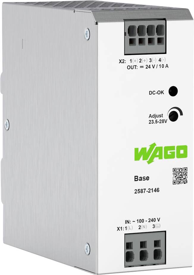 Voedingseenheid met metalen behuizing, voorzien van ingangs- (100-240V) en uitgangsklemmen (24V/10A), spanningsregelaar en 'WAGO'-logo.