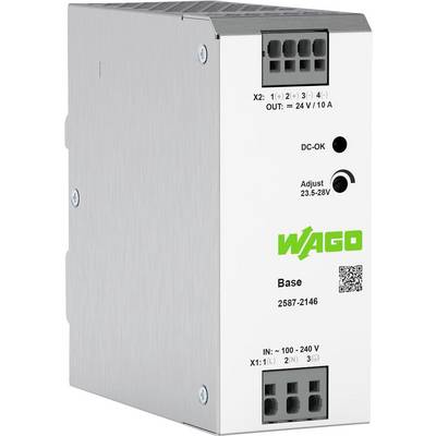 Voedingseenheid met metalen behuizing, voorzien van ingangs- (100-240V) en uitgangsklemmen (24V/10A), spanningsregelaar en 'WAGO'-logo.
