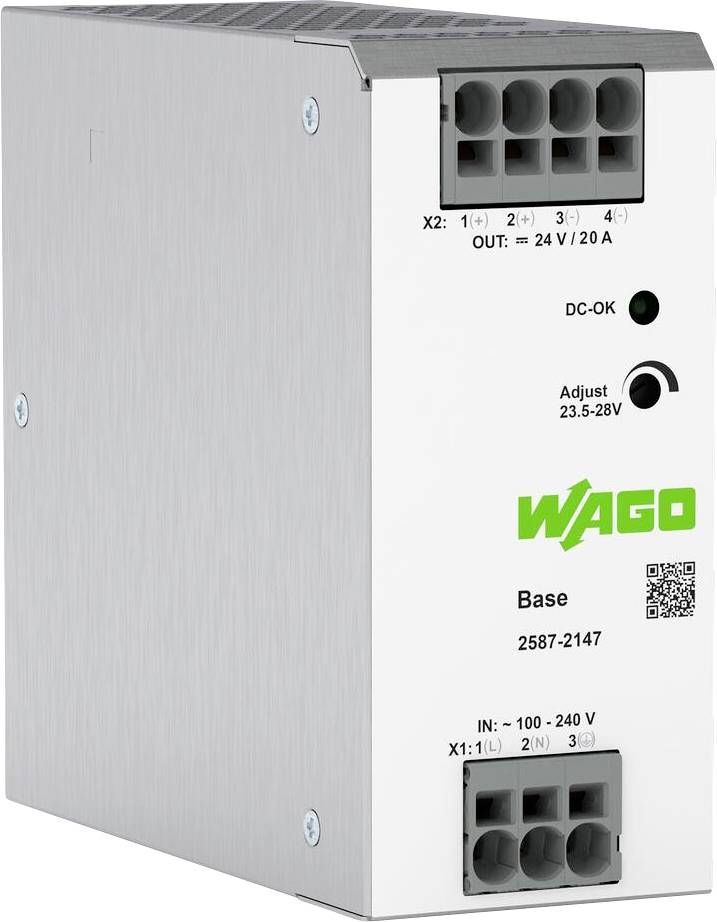 Rechthoekige metalen Wago voedingsmodule met LED-indicator. Uitgangen 24V/20A. Instelbare spanning 23,5-28V. Ingangen 100-240V AC.