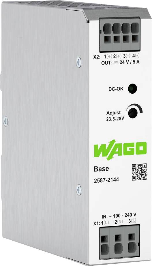 'WAGO Base 2587-2144 voedingseenheid, 24V/5A uitgang, instelbaar 23,5-28V, gelabelde aansluitingen X1: ingang, X2: uitgang, DC-OK indicator.'