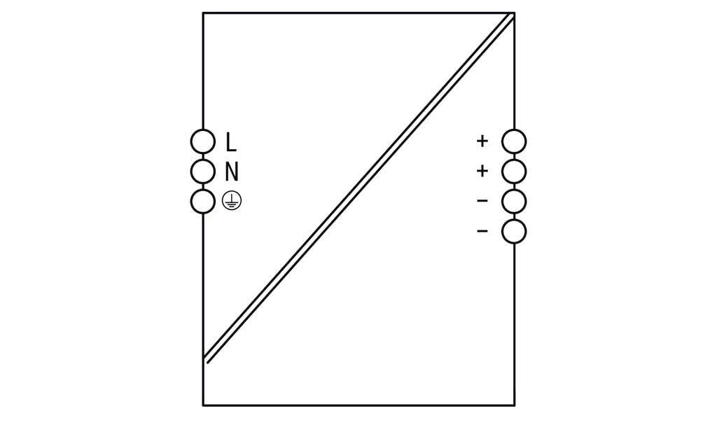 'Bedrading schema met een duaal-element zekering: linkerkant gelabeld L en N, met vier verbindingspunten aan de rechterkant gelabeld +, +, -, -.'