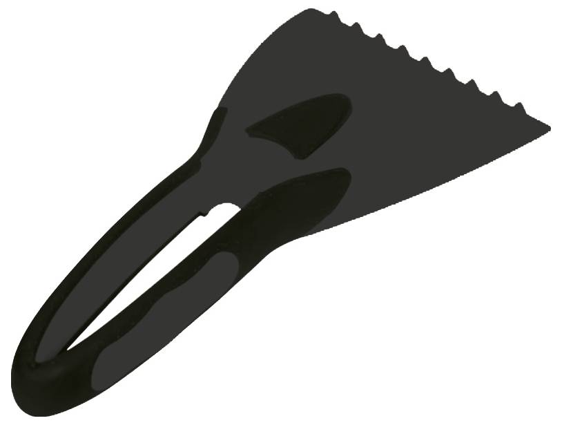 Kunststof ijskrabber met een getande rand en zwart handvat, gebruikt voor het verwijderen van ijs van autoramen.