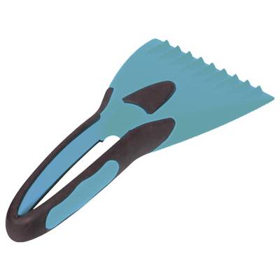 Een turquoise en zwart ijskrabber met een handvat en een gekartelde rand, ontworpen voor het verwijderen van ijs van autoramen.