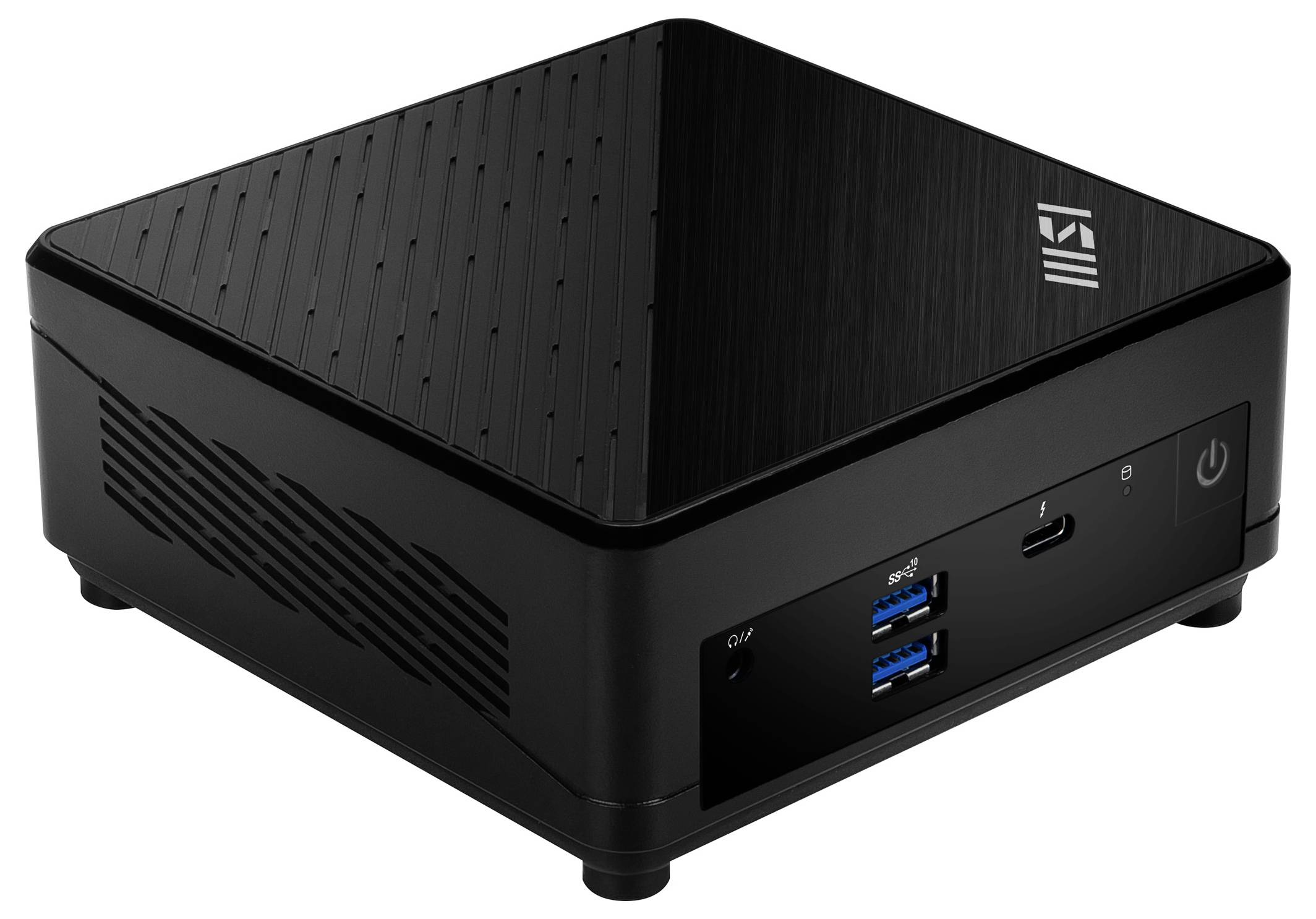Een compacte, zwarte mini-pc met diagonale ventilatiesleuven op het bovenoppervlak, een USB-poort aan de voorkant en een merklogo in de onderhoek.